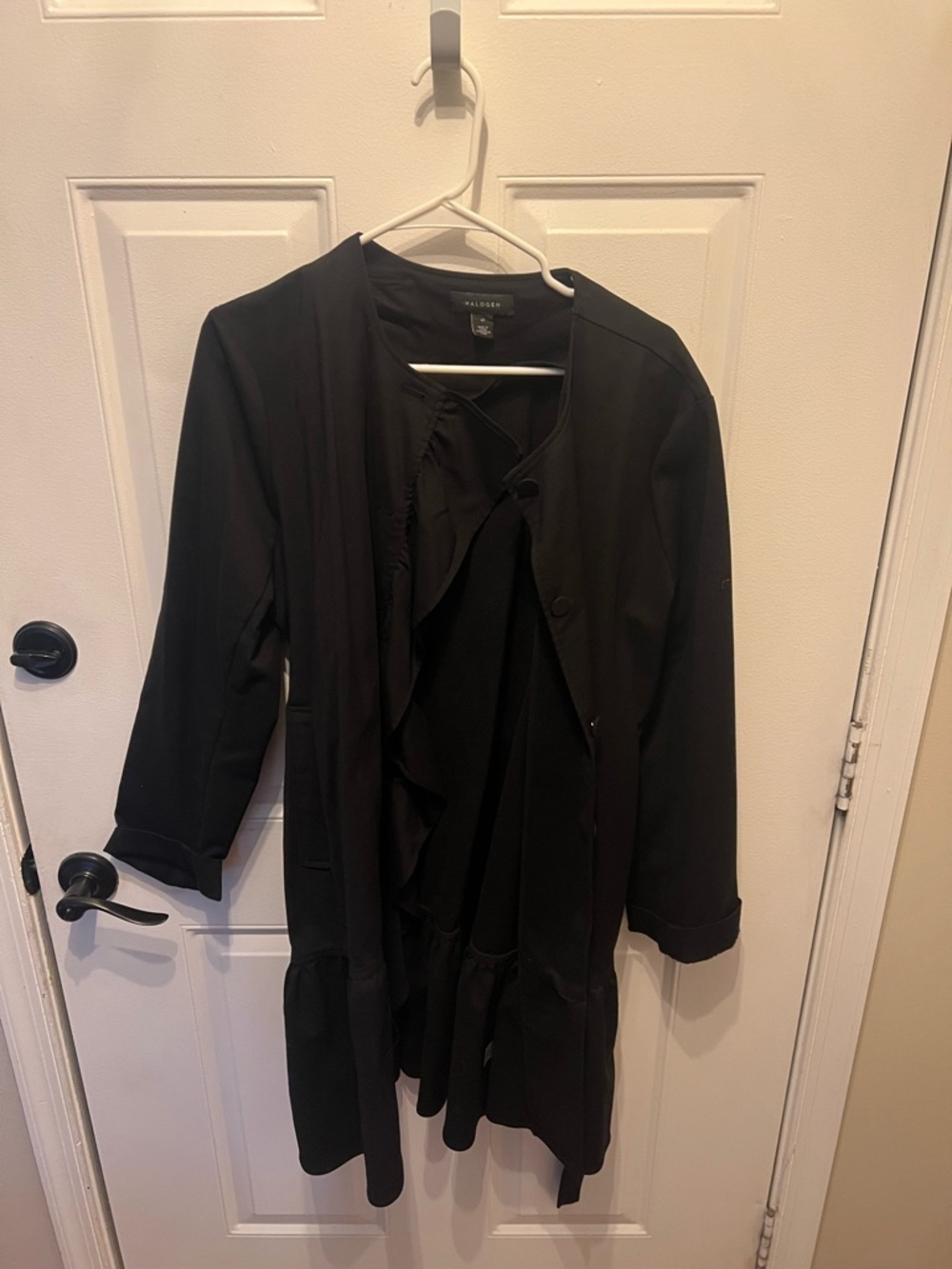 Halogen Black Ruffle-Front Long Blazer Coat